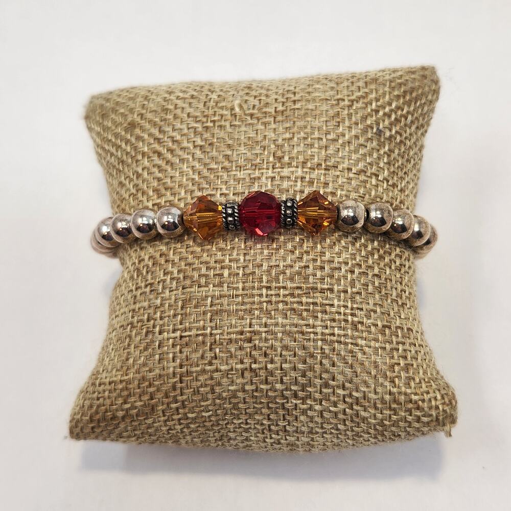 Sterling Silver 925 Round Bead Red Orange Faceted Glass Beads Adjustable
